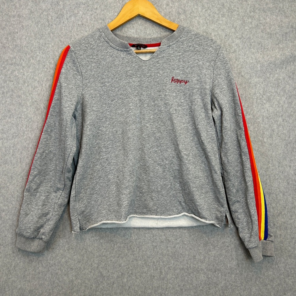 Honey Punch Size Small Happy Embroidered Sweatshirt Gray Retro Rainbow Stripe